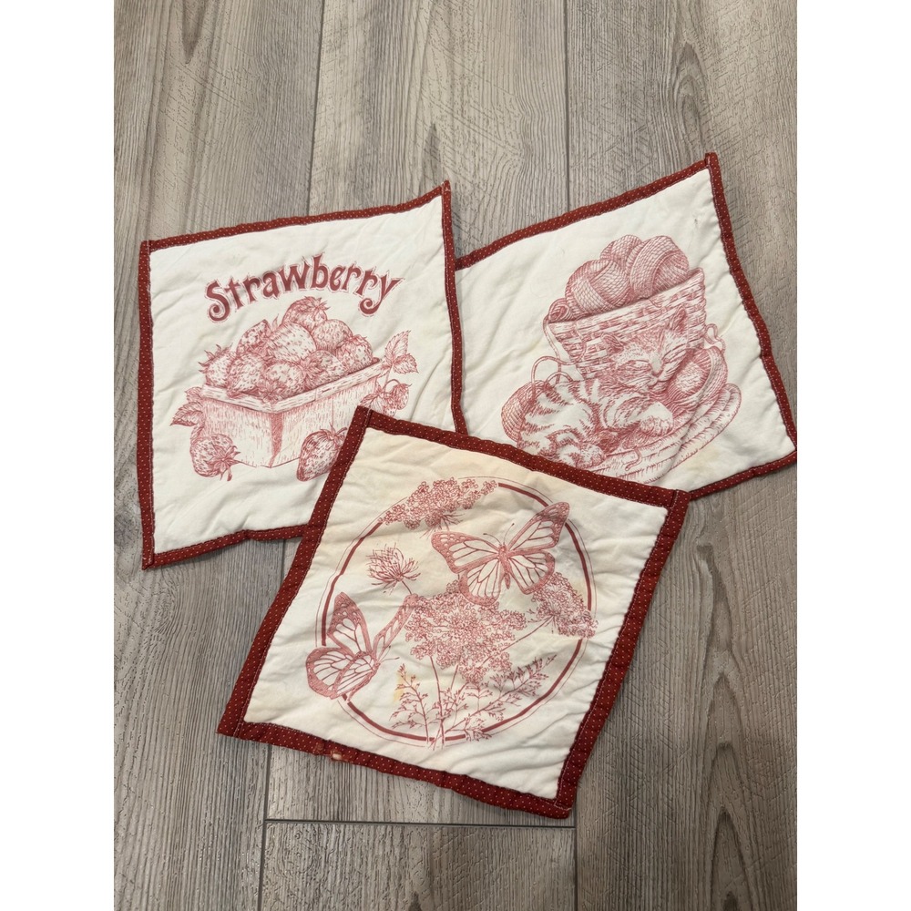 Vintage Set of 3 Quilted Fabric Coasters Red Toile Strawberry Cat Butterfly 8.5"